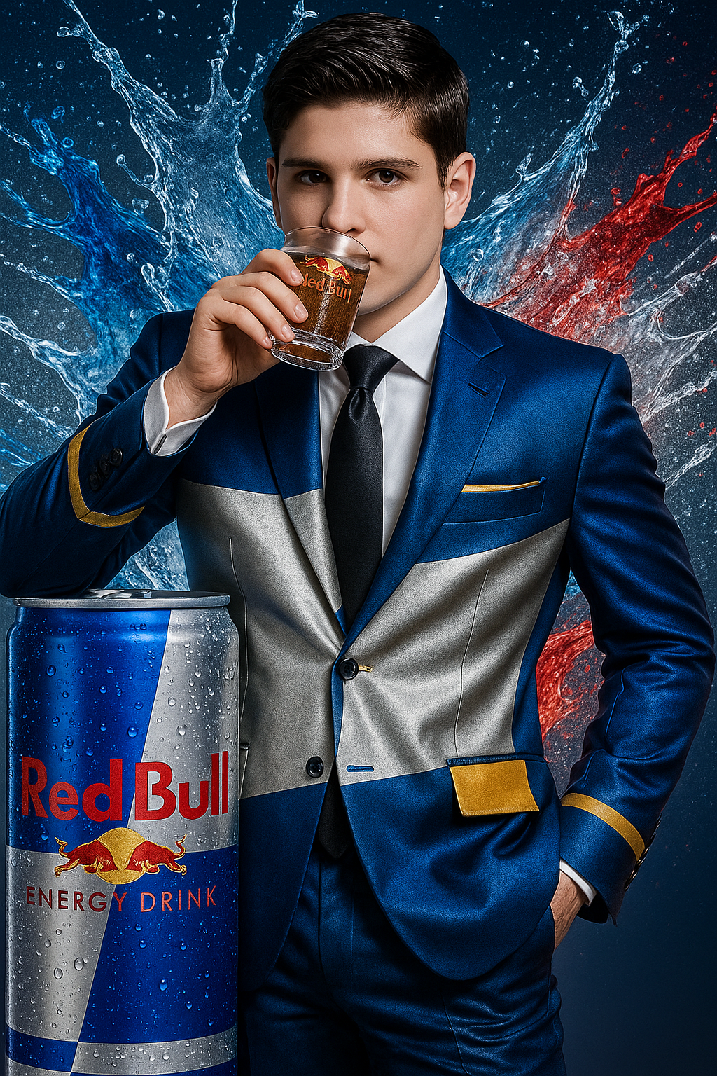 Dominic in a tailored blue-and-silver suit sipping Red Bull